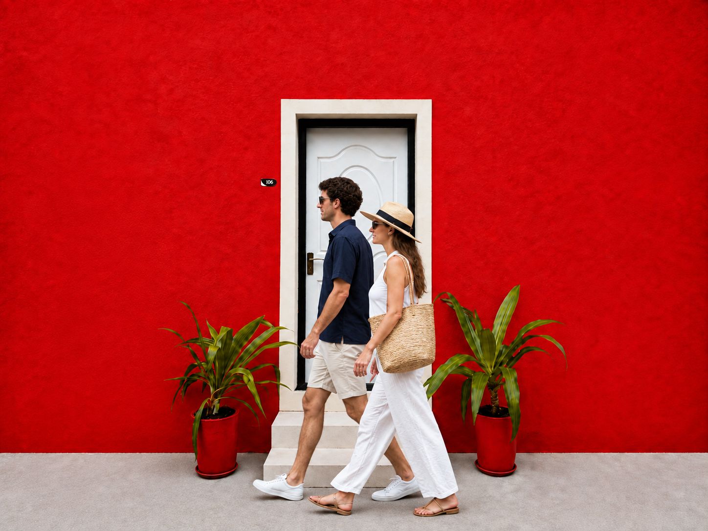 A couple walking past a red wall with a white door, two potted plants, and a small sign with the number 106.