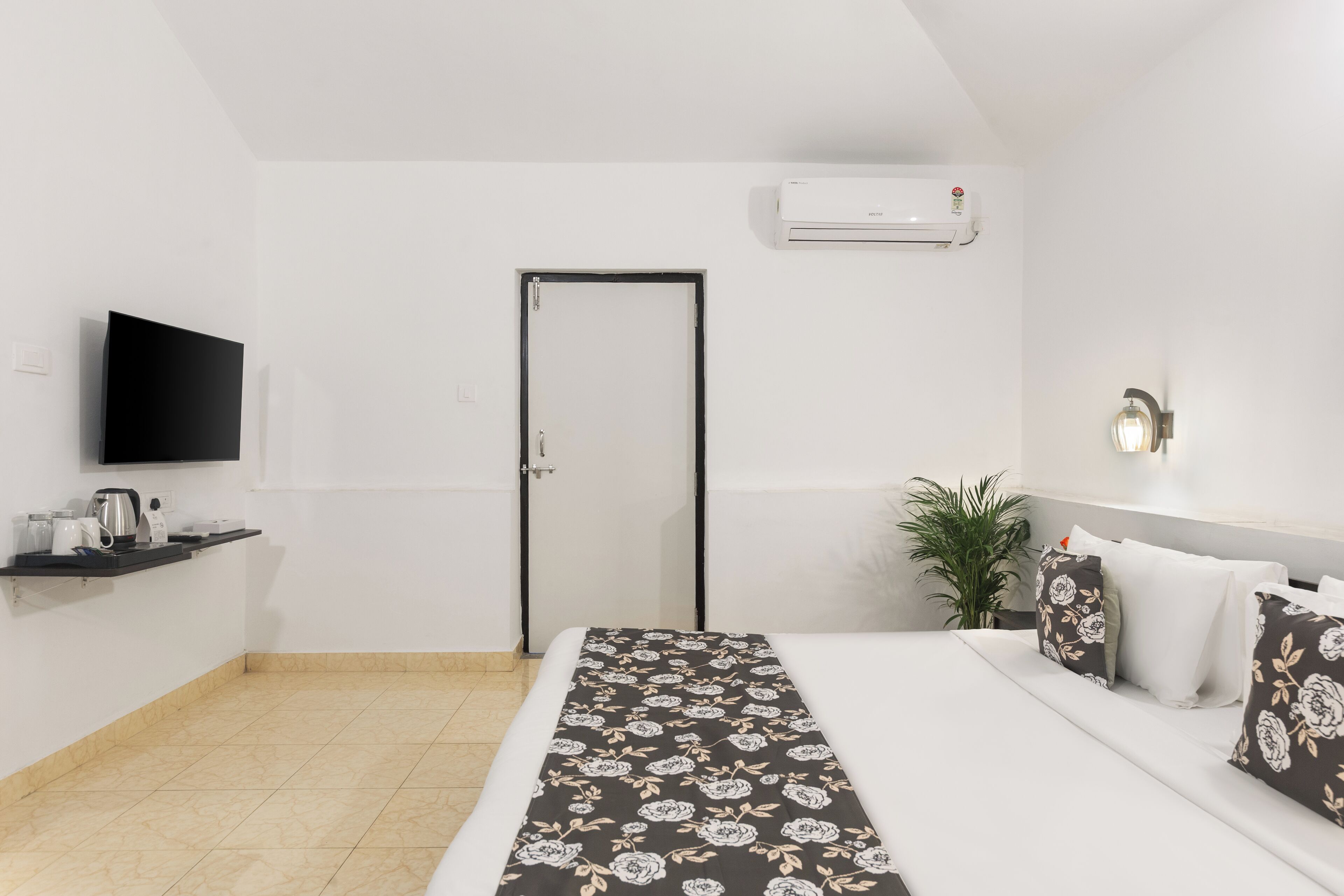 A hotel room with a bed, a TV, a coffee maker, a plant, and a door.