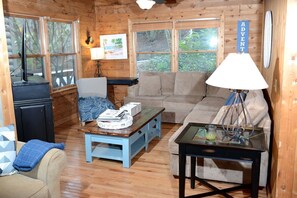 Televisie, een open haard, een dvd-speler en een filmbibliotheek