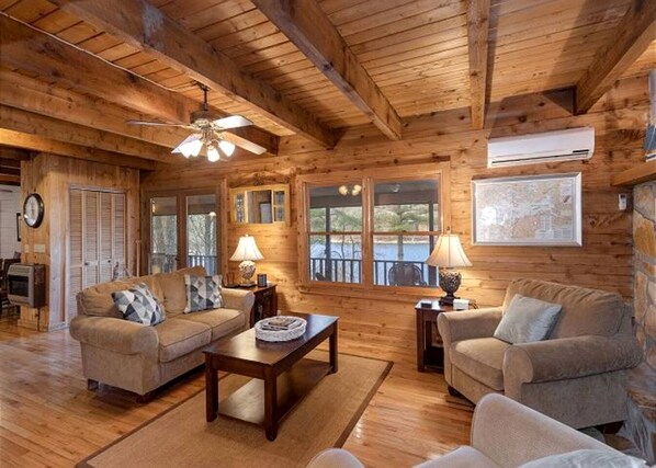 Televisie, een open haard, een dvd-speler en een filmbibliotheek