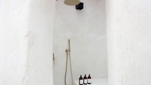Une petite salle de bain aux murs blancs, équipée d’une douche, d’un porte-serviettes et de deux bouteilles de shampoing.