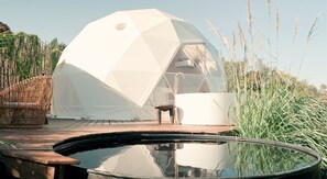 A geodesic dome structure with a pool and outdoor furniture. - Exquisite Luxurious Dome with Outdoor Shower and Private Pool in Texas (Fischer)
