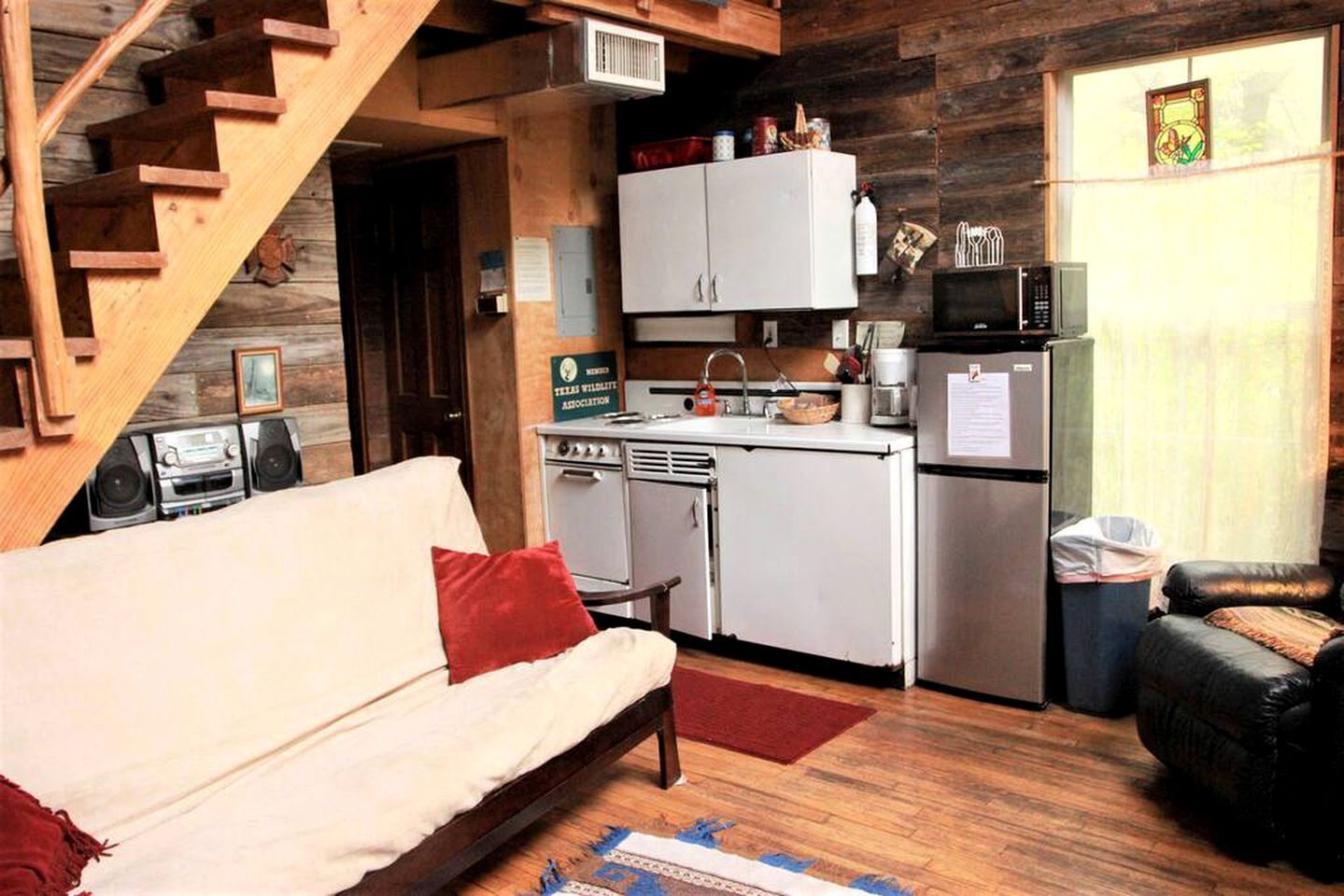 TV, DVD player, video library, stereo