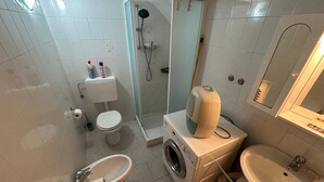 A compact bathroom with a toilet, bidet, washing machine, and sink. - Chalet in the Village of Charvensod - Relaxation and Nature (Charvensod)