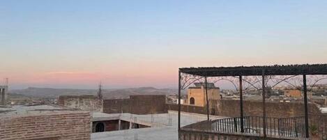 A rooftop with a metal railing, a brick building, and a distant view of a town.
