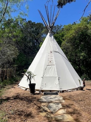 A white teepee tent with a central pole, surrounded by trees and a small potted plant.