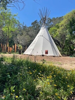 A white teepee with a small entrance, surrounded by greenery and trees.