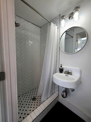 A bathroom with a shower, a sink, and a mirror. - Romantic Container Beautifully Design with Deck in Georgia (Rising Fawn)