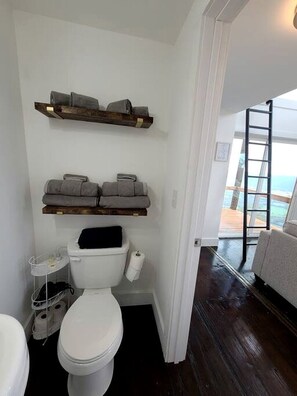 Un baño pequeño con inodoro, un estante sobre el inodoro y una escalera que da a un espacio exterior.