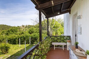 Zona exterior coberta amb una cadira, plantes en testos i vista d'un paisatge verd i exuberant.