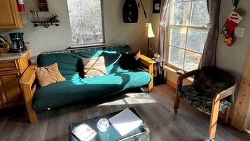 A cozy room with a green sofa, a wooden chair, a suitcase, and a window with curtains.