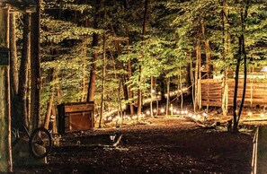 Un área boscosa con una estructura de madera, luces colgantes y una bicicleta.
