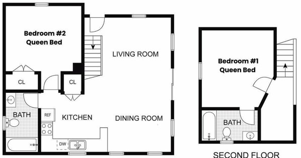 A floor plan of a hotel with two bedrooms labeled as Queen Bed, a living room, a kitchen, a dining room, and a bathroom.