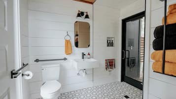 Hair dryer, towels, soap, shampoo