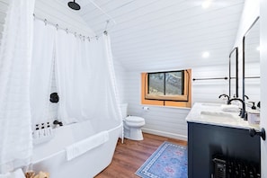 Hair dryer, towels, soap, shampoo