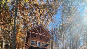 A wooden cabin with a wooden staircase leading to a deck, surrounded by trees and gravel ground. - Gorgeous Cabin Great for Family Getaways by Tappan Lake in Ohio (Deersville)