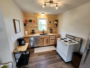 Fridge, microwave, oven, stovetop - Secluded Rustic Cabin with Hot Tub Near Pere Marquette River in Big Rapids, Michigan (Big Rapids)