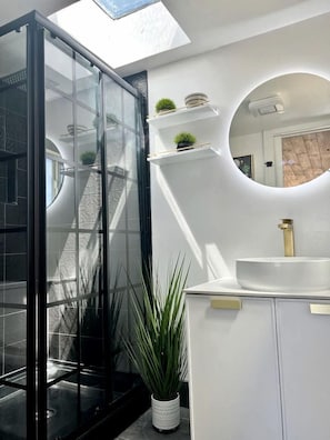 A modern bathroom with a glass shower enclosure, a white sink, and a skylight. - Stunning Tiny House with Picnic Space, Barbecue and Fire Pit in Meadview, Arizona (Mohave Valley)