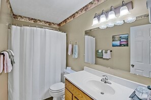 Une salle de bain avec un rideau de douche, des toilettes, un lavabo avec un miroir et des serviettes accrochées à des crochets.