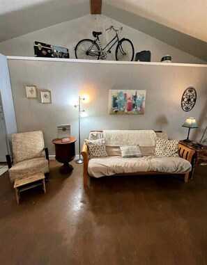 A living room with a sofa, chair, lamp, and a bicycle mounted on the wall.