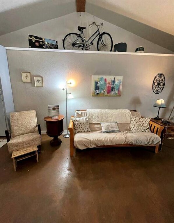 A living room with a sofa, chair, lamp, and a bicycle mounted on the wall.