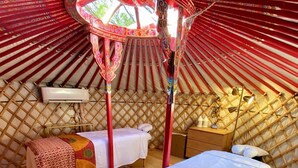 A yurt interior with two beds, a wooden floor, and a central pole structure. - Peaceful Romantic Yurt with Hot Tub in Wimberley, Texas (Wimberley)