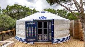 A yurt with a decorative door, a wooden deck, and a natural backdrop. - Peaceful Romantic Yurt with Hot Tub in Wimberley, Texas (Wimberley)