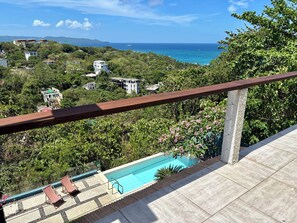 Une vue sur la piscine, avec une vue dégagée sur l’océan et la végétation environnante.
