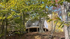 A treehouse with a dome roof, surrounded by forest. - Outstanding Chic Dome with Private Deck in North Carolina (Creston)