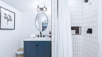 Hair dryer, towels, soap, shampoo