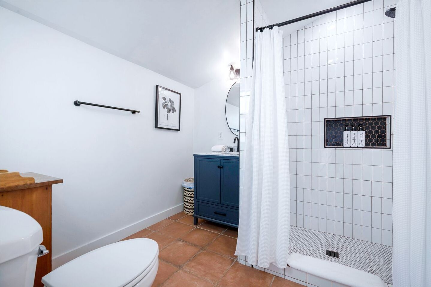 Hair dryer, towels, soap, shampoo