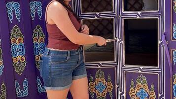 A person opening a door to a room with a purple exterior and intricate designs.