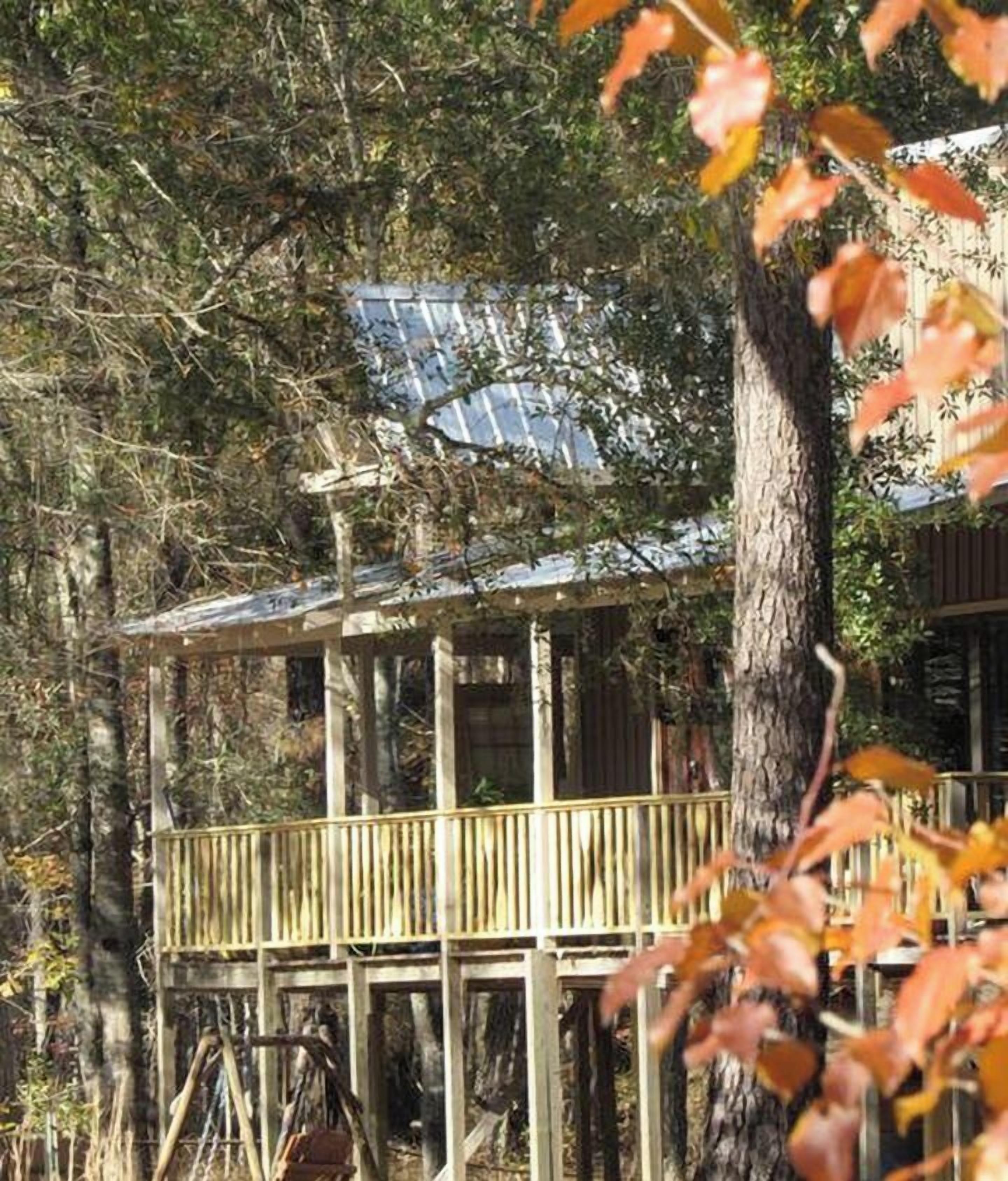 A wooden cabin with a balcony, surrounded by trees and foliage.