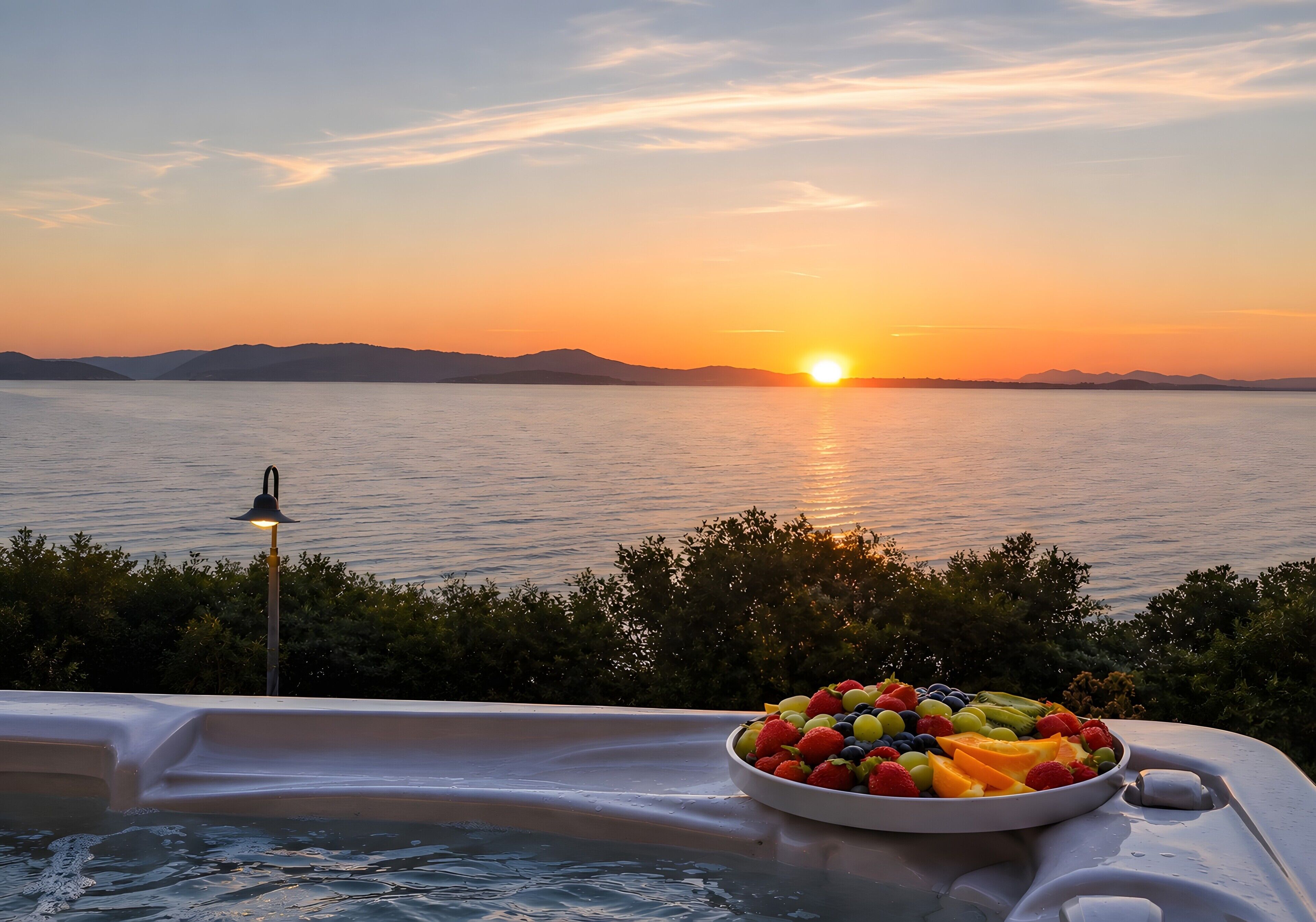 A sunset view over water with a fruit bowl on a table.