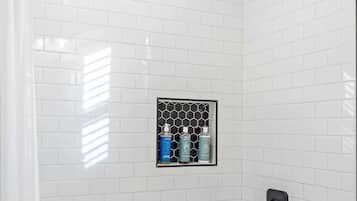 Hair dryer, towels, soap, shampoo
