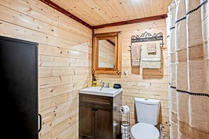 Casa de banho com painéis de madeira, incluindo uma pia, espelho, sanita e uma porta preta.