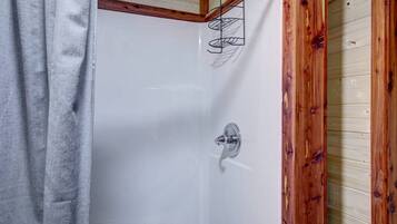 Jetted bath, hair dryer, towels, soap