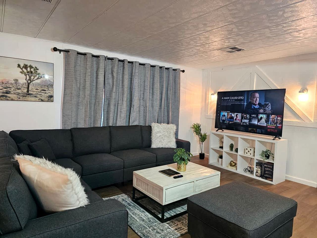 Un salon moderne avec un canapé foncé, une table basse, un téléviseur et une étagère blanche.