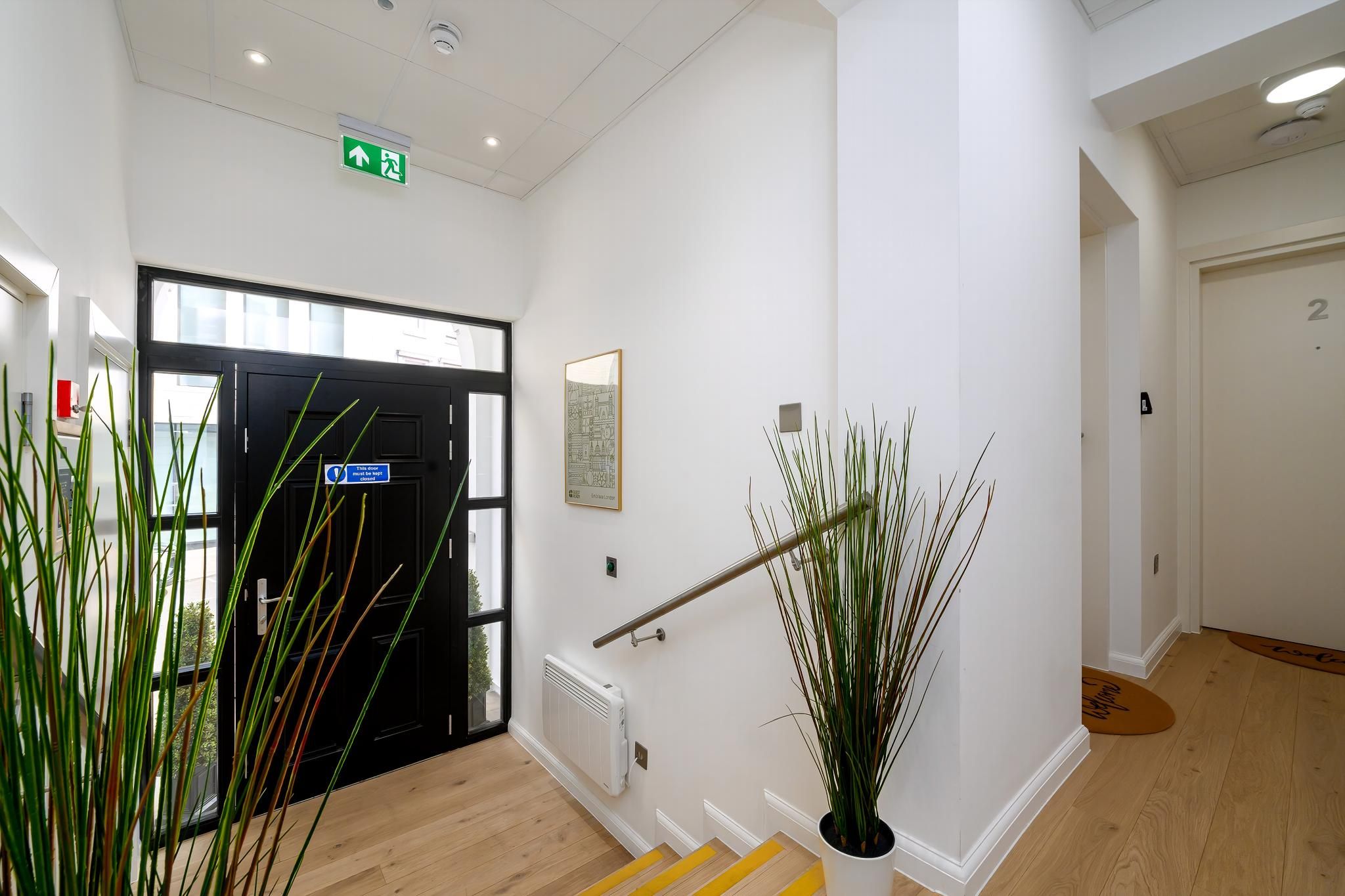 A modern interior with a staircase, a black door, a radiator, and a potted plant.