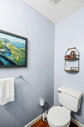 Um banheiro com vaso sanitário, porta-toalhas, moldura e prateleira de metal com um pote.