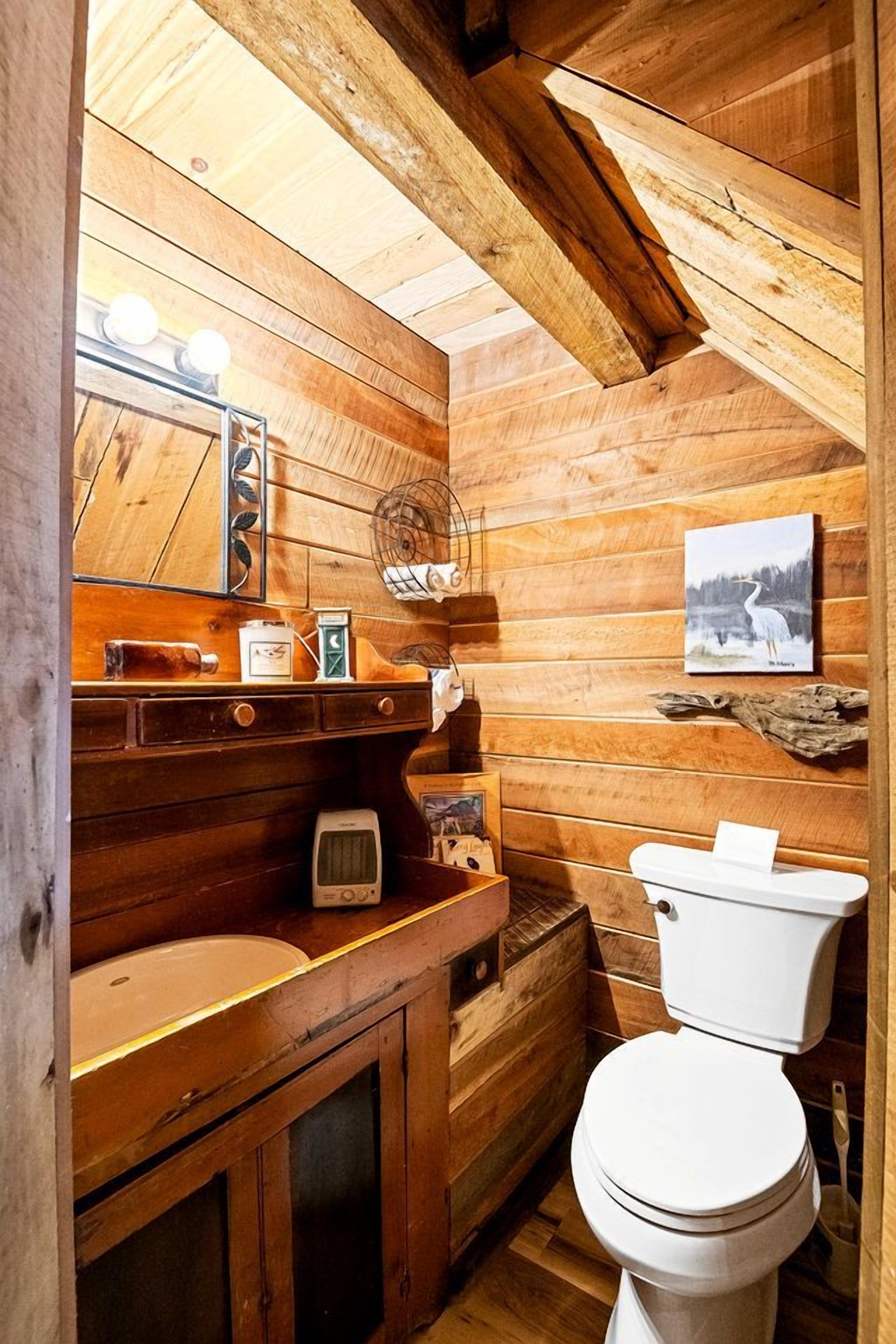 Casa de banho em estilo cabana de madeira, com sanita, lavatório e espelho.