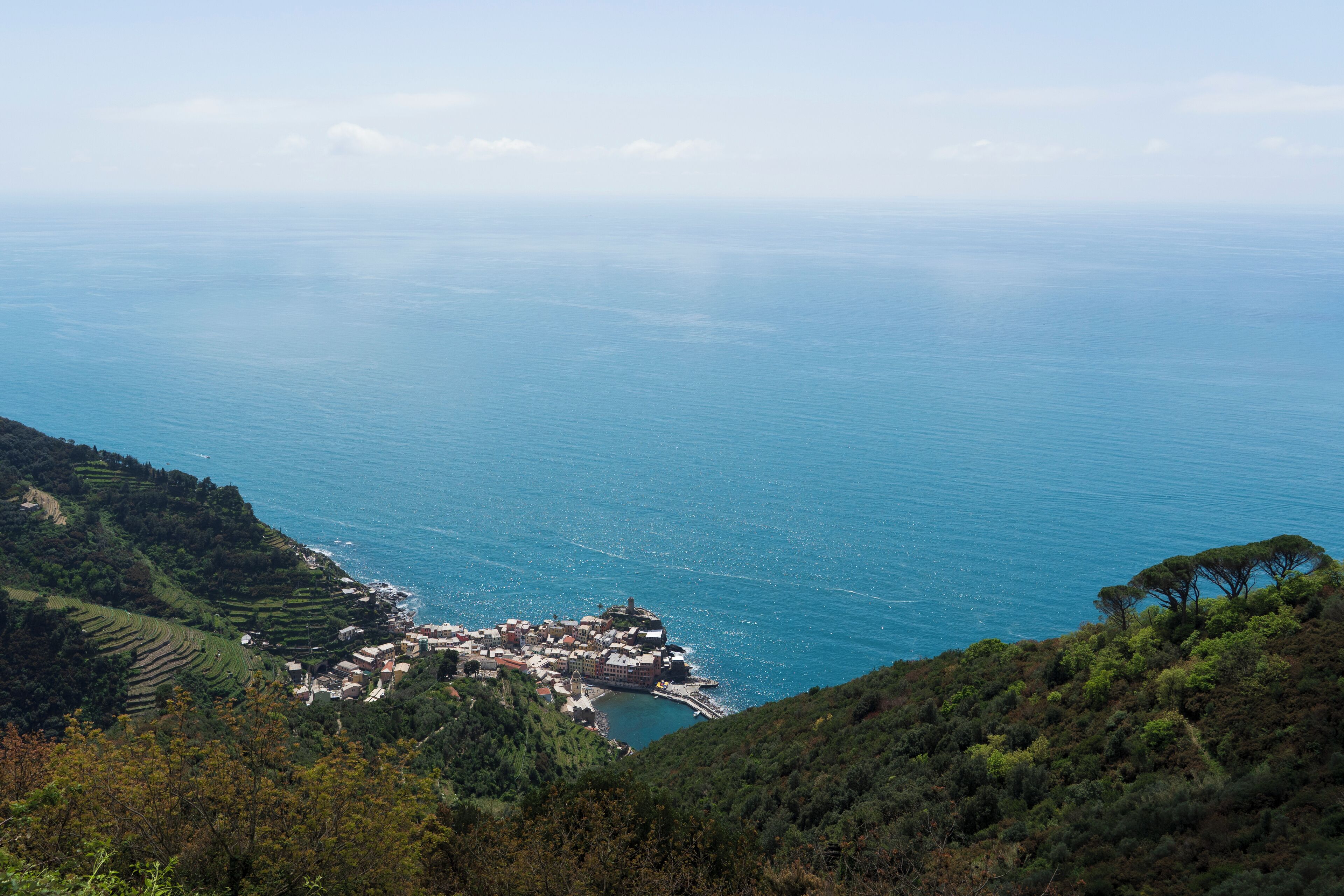 A coastal town with terraced fields, a harbor, and a prominent church.