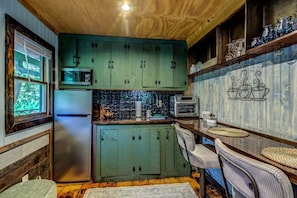 Fridge, microwave, oven, stovetop - Romantic Farm-Stay Cabin with Petting Zoo & Hot Tub near Boone, NC (Sugar Grove)
