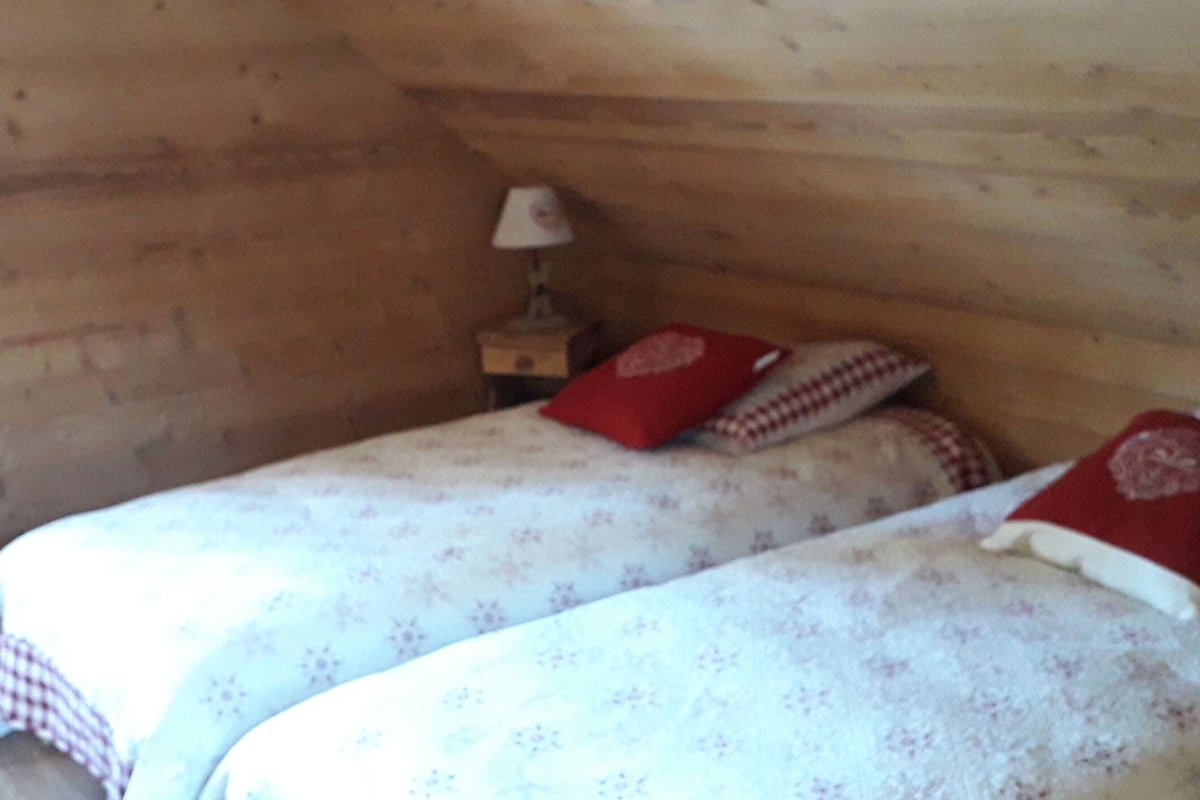 A cozy room with two beds, each with floral-patterned bedding and red pillows. A small bedside table with a lamp is visible.