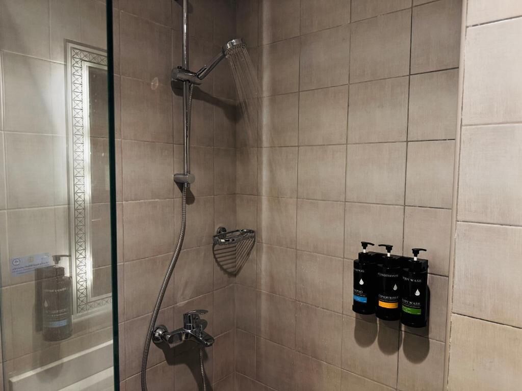 Ein Duschbereich mit Glastür, Handbrause, am Wand montierter Armatur und zwei Flaschen Shampoo und Conditioner.