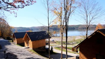 Eine Reihe von Blockhütten mit Blick auf einen See und einen Wald.