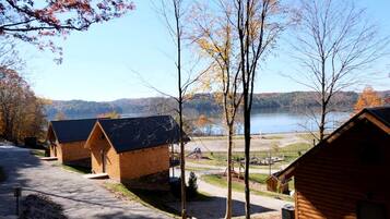 A row of log cabins with a view of a lake and forest.