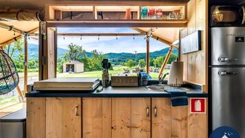 Fridge, microwave, stovetop, coffee/tea maker