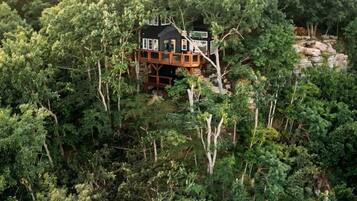 Una casa rodeada de bosque denso, elevada sobre pilares, con una terraza de madera.