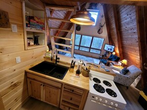 Una cocina rústica con paredes de madera, una estufa, un fregadero y una ventana con vistas a un paisaje nevado.